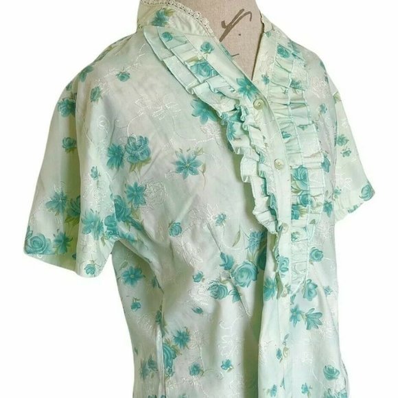Newnoble Ruffle Floral Button Blouse Embroidered Rockabilly 50's 60's look - Picture 7 of 12